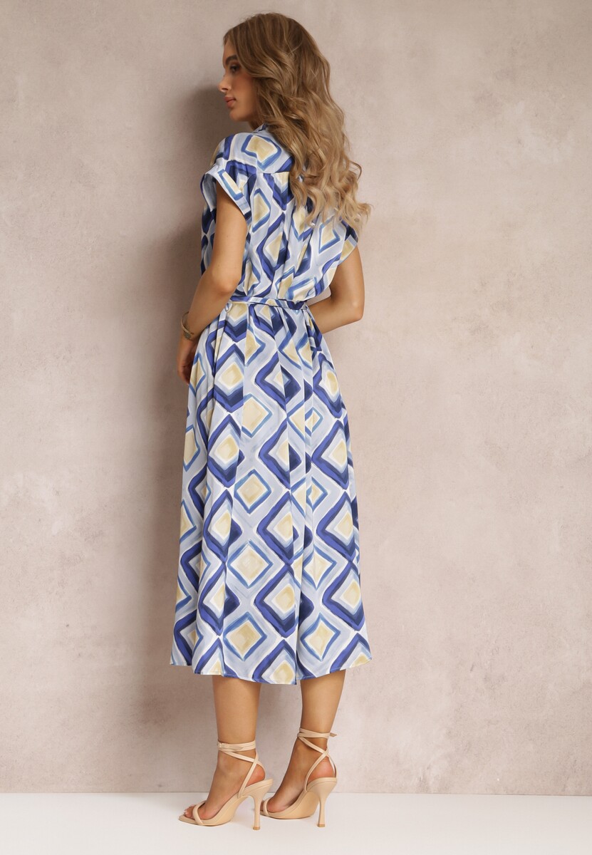 Niebieska Wzorzysta Sukienka Midi w Koszulowym Stylu z Materiałowym Paskiem Emelitta