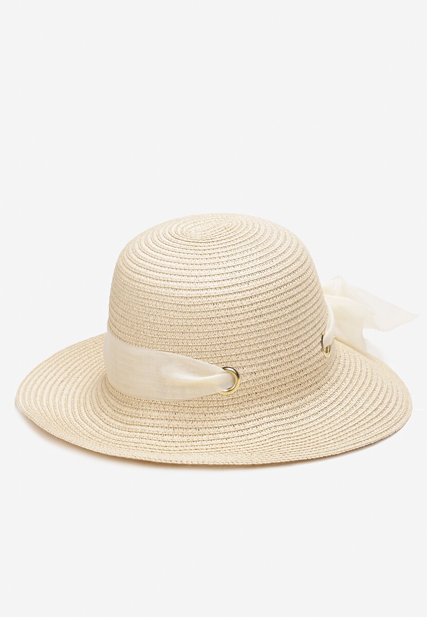 Beżowy Pleciony Kapelusz z Kokardką i Szerokim Rondem Maronia
