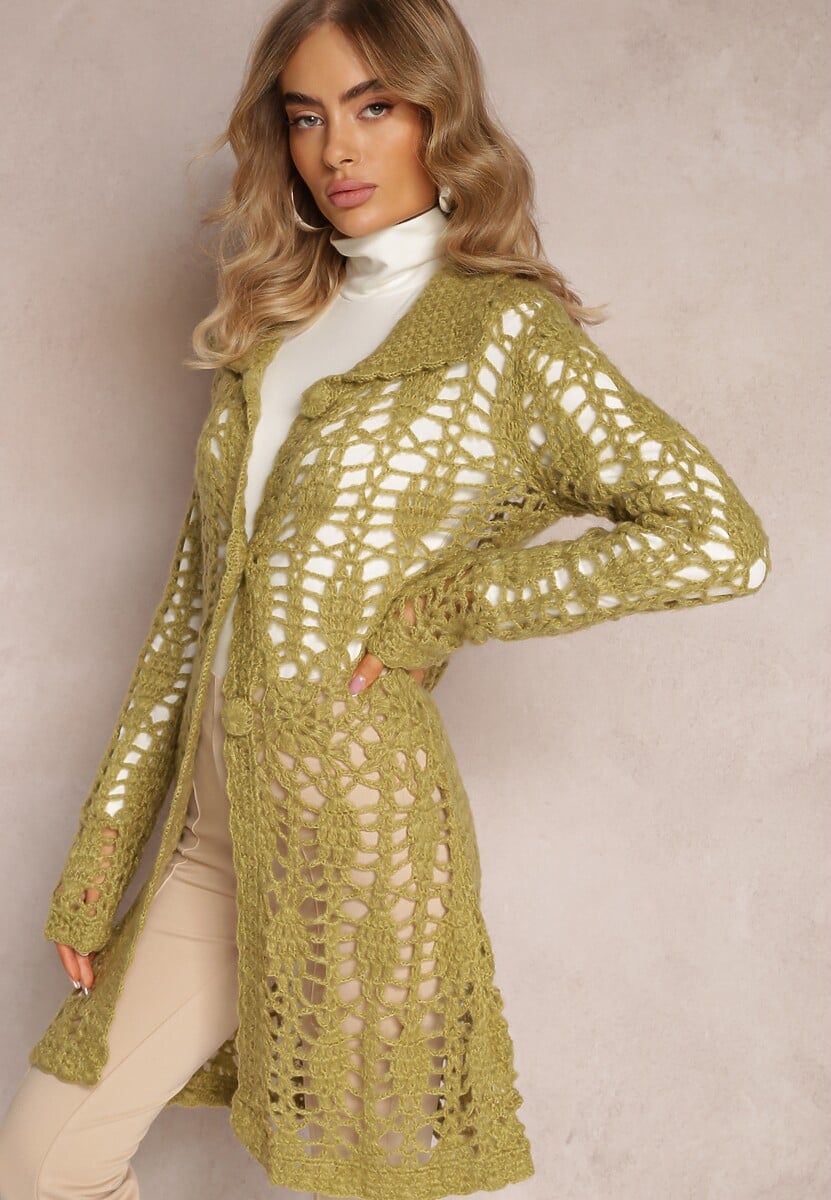 Zielony Luźny Kardigan Ażurowy na Guziki Sieneos