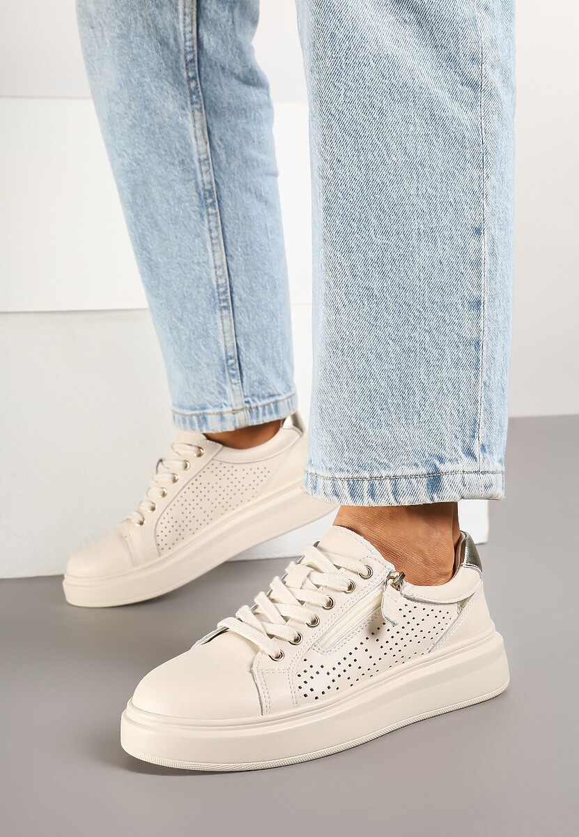 Beżowe Sneakersy ze Skóry Naturalnej ze Skórzaną Wkładką i Perforacją Falothra