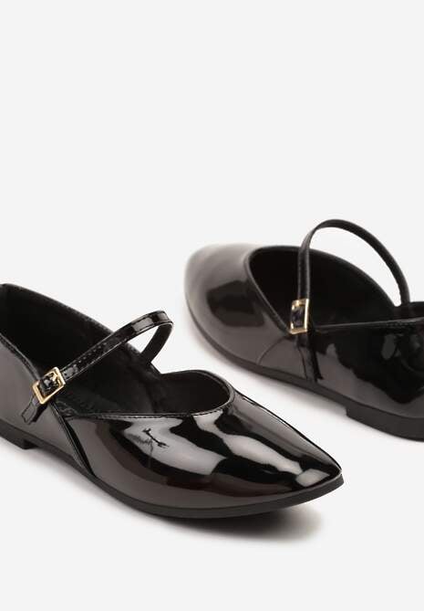 Czarne Błyszczące Balerinki Vices z Paseczkiem ze Sprzączką i Ozdobnym Przeszyciem Desorila