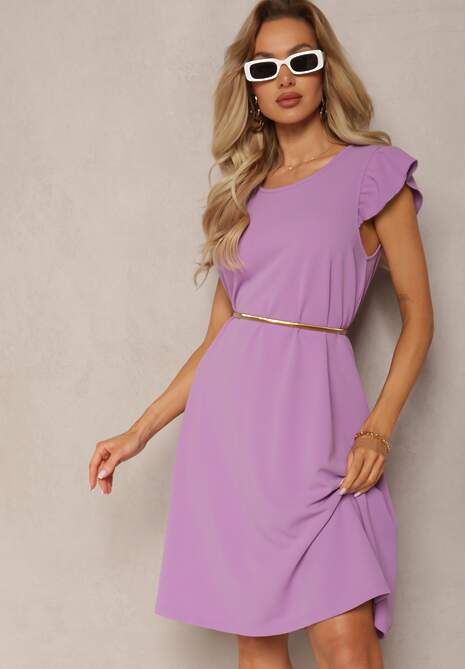 Fioletowa Sukienka Mini o Trapezowym Kroju z Falbanką i Okrągłym Dekoltem Dagnera