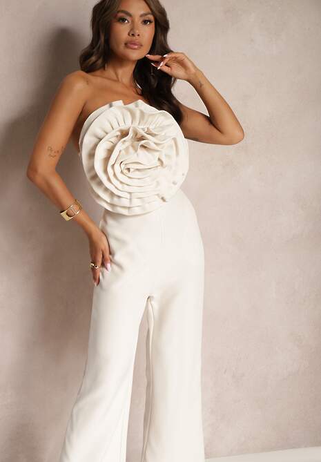 Beżowy Kombinezon z Dużym Naszytym Kwiatem bez Rękawów Usemia