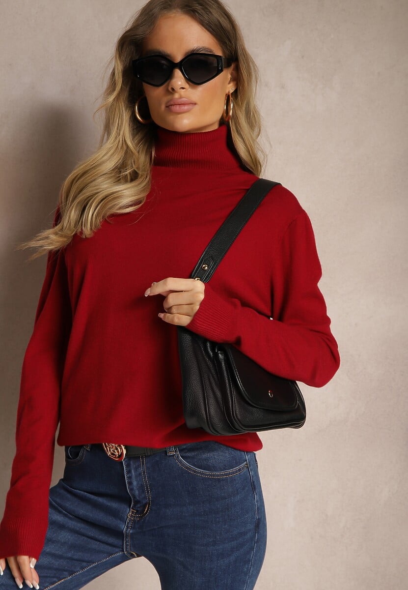 Bordowy  Klasyczny Golf Longsleeve z Dodatkiem Wiskozy Leriona