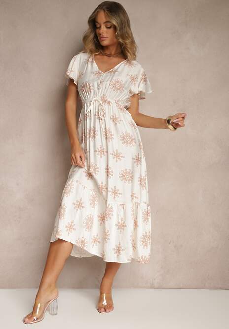 Biało-Beżowa Sukienka z Wiskozy Ozdobiona Falbanką i Kwiatami Lumacelle