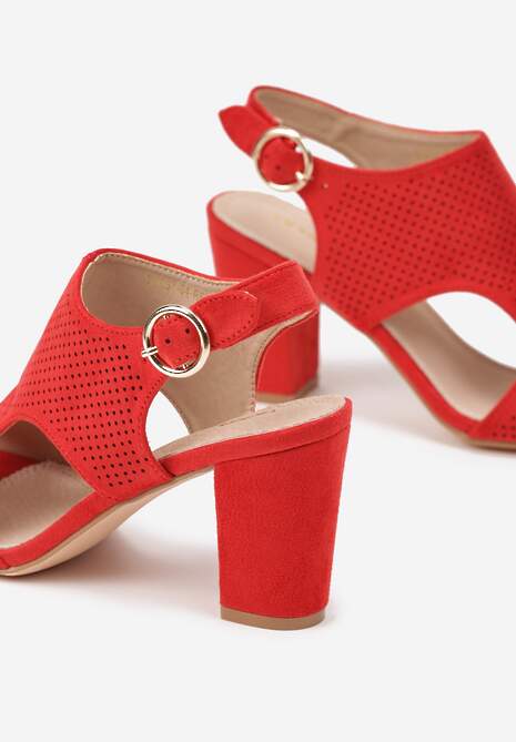 Czerwone Sandały Vices na Słupkowym Obcasie z Ażurową Cholewką i Skórzaną Wkładką Obenea