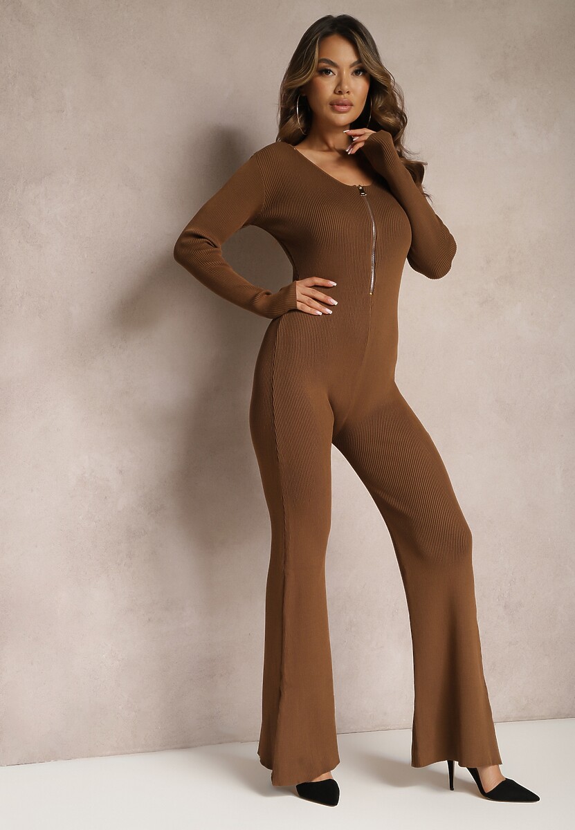 Brązowy Kombinezon Bodycon z Prążkowanej Wiskozy ze Spodniami Typu Dzwony i Suwakiem Lavirna