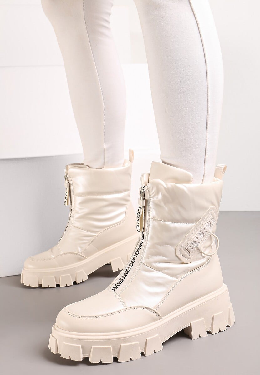 Czarne Śniegowce z Ekoskóry z Ozdobnym Suwakiem i Napisem Veneria