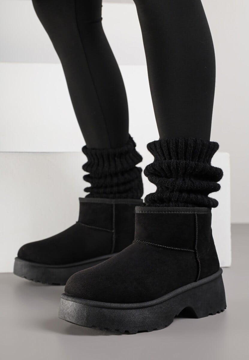 Czarne Śniegowce z Imitacji Zamszu o Wsuwanym Fasonie na Platformie Reilessa