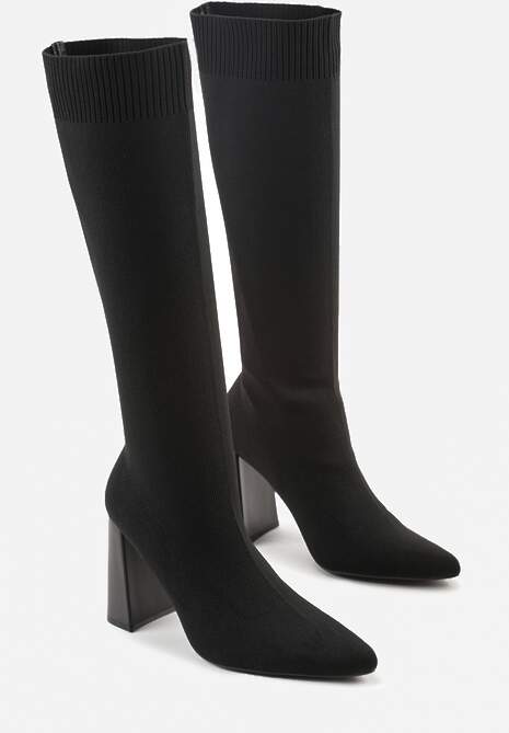 Czarne Kozaki VICES na Słupku ze Skarpetkową Cholewką Zevona