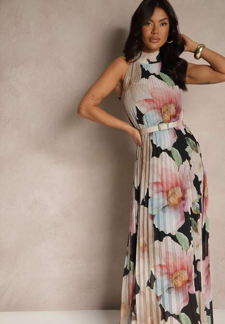 Czarna Plisowana Sukienka z Wiązaniem i Paskiem z Klamrą Nitolia