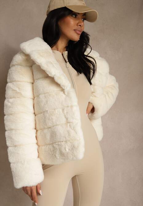 Jasnobeżowa Futrzana Kurtka z Wywiniętym Kołnierzem Snaline