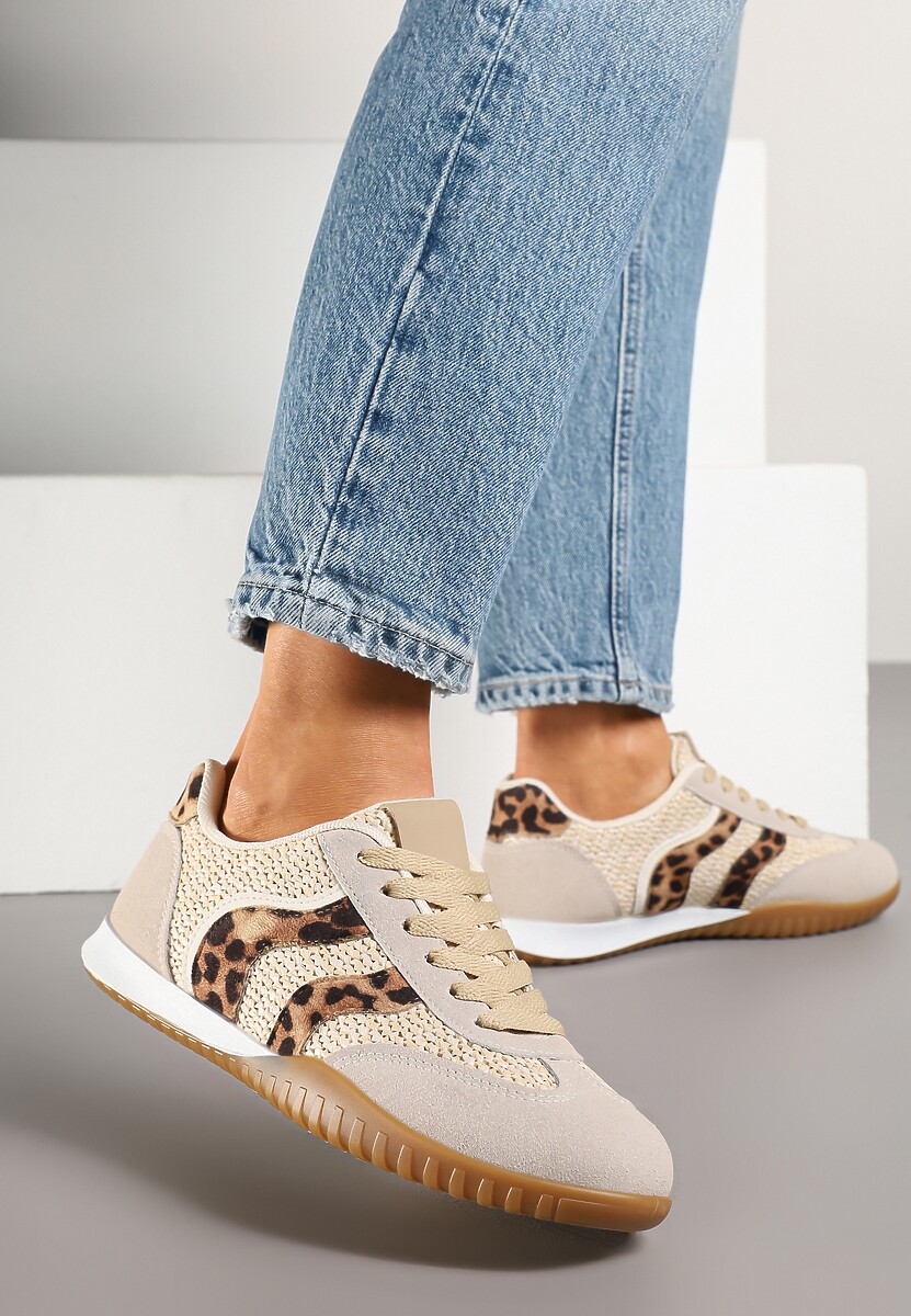 Beżowo-Pomarańczowe Sneakersy z Geometrycznym Motywem i Plecionką Laniffia