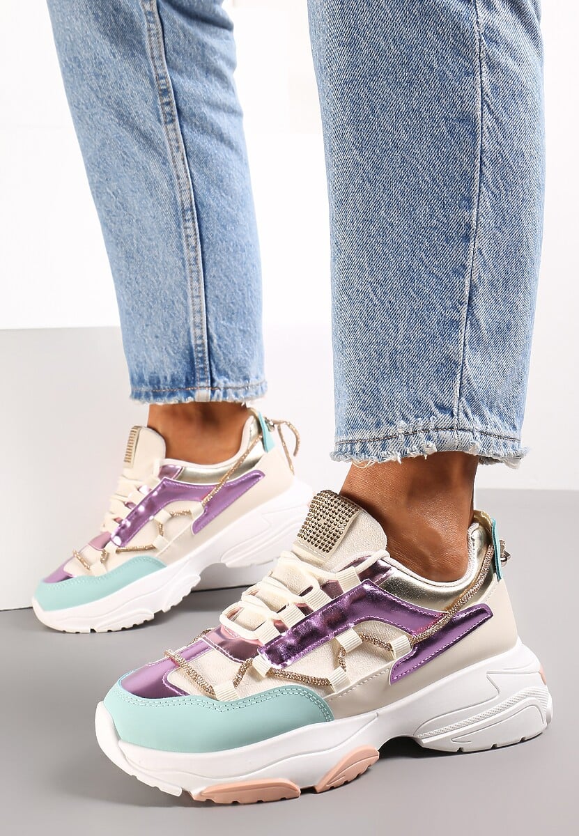 Beżowo-Fioletowe Sneakersy Ozdobione Sznureczkiem z Cyrkoniami Nathanias