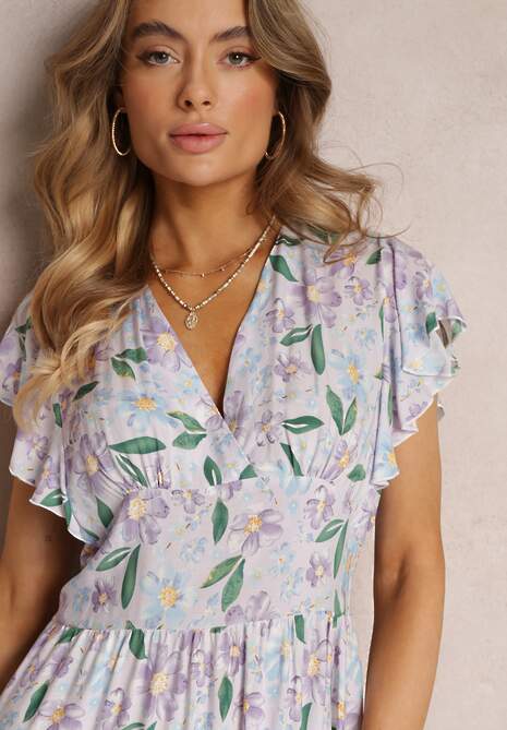 Jasnofioletowa Taliowana Sukienka z Wiskozy w Kwiaty Idotine