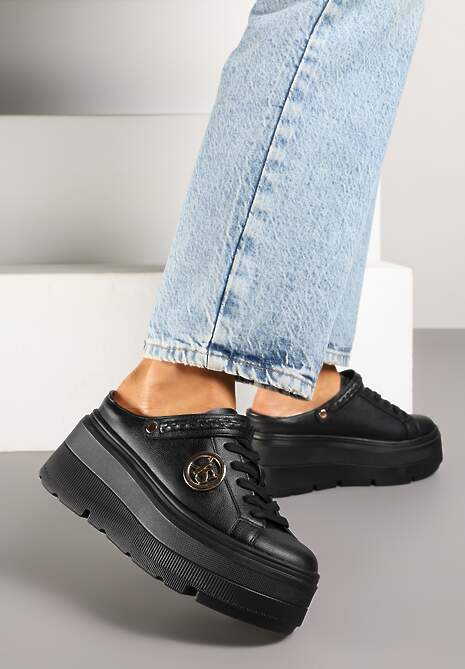 Czarne Sneakersy Vices na Platformie z Tłoczeniem Paskiem na Pięcie i Metaliczną Aplikacją Selfedi