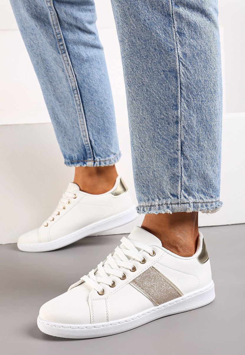 Biało-Złote Sneakersy Sznurowane Ozdobione Brokatem Vistasta
