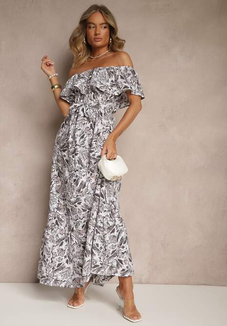 Ciemnoszara Kwiatowa Sukienka Typu Hiszpanka z Bawełną Tiarice