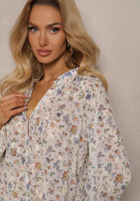 Beżowa Koszula w Kwiaty ze Stójką Przy Karku Ivaler
