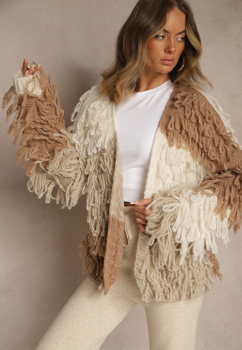 Beżowy Kardigan Bez Zapięć z Domieszką Wełny Zdobiony Imitacją Piór Lanitia