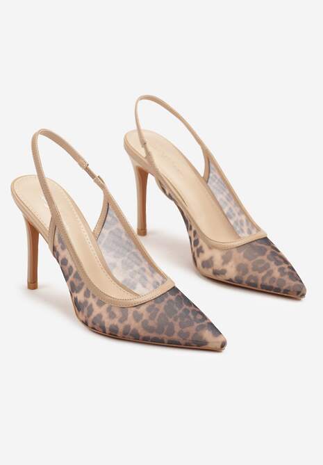 Ciemnobeżowe Panterkowe Szpilki z Siateczki z Noskiem w Szpic i Odkrytą Piętą Biterta