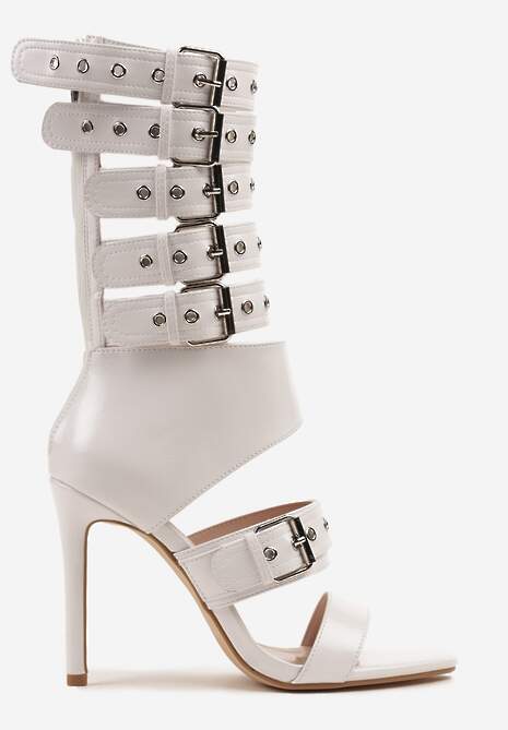 Białe Sandały Botki na Obcasie Zdobione Paskami ze Sprzączkami Idamirea
