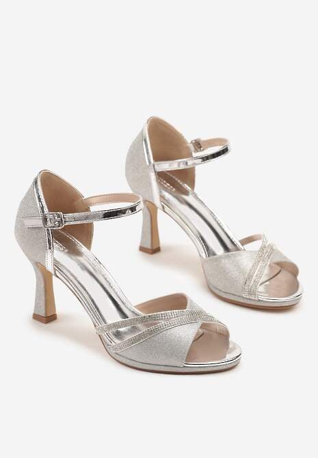 Srebrne Sandały Vices na Szpilce Ozdobione Cyrkoniami i Brokatem Oviasse