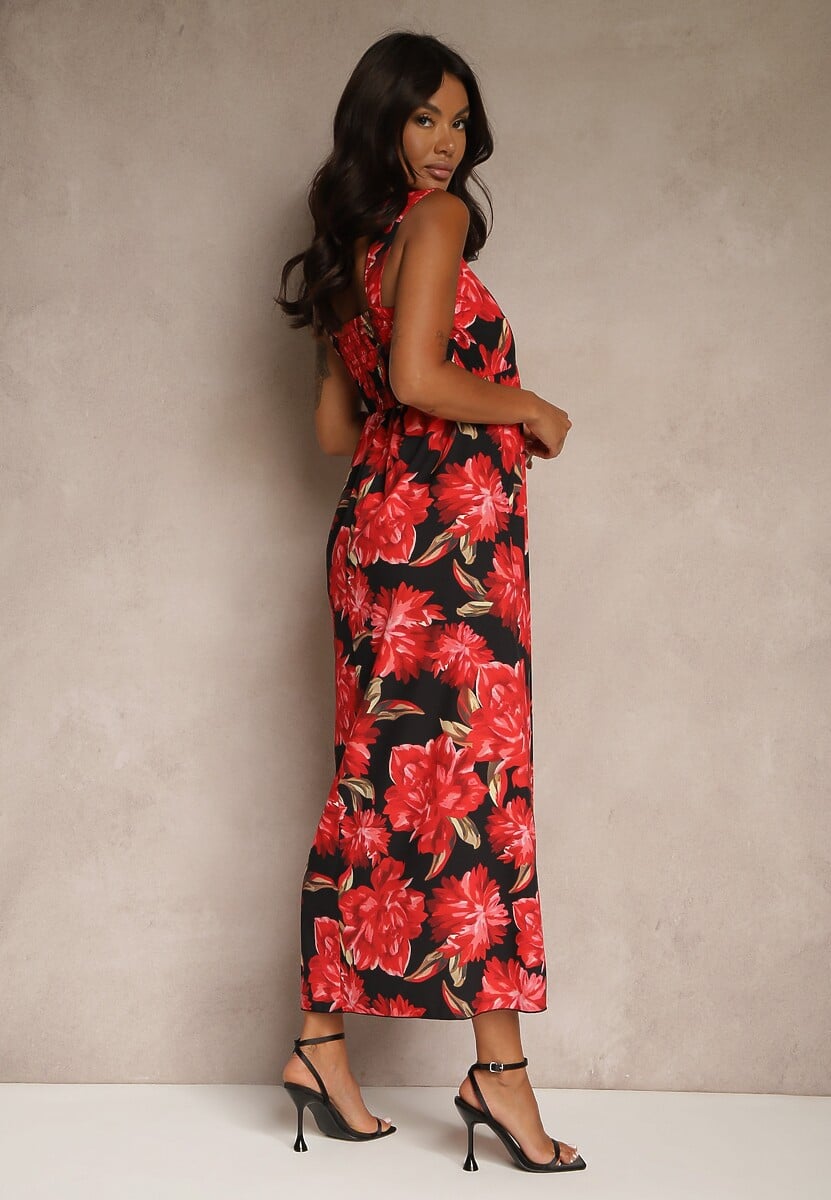 Czarna Sukienka z Wiskozą o Rozkloszowanym Kroju z Kwiatami Nilestra