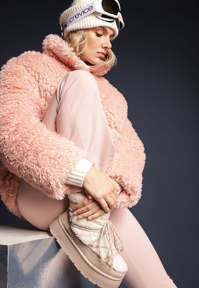 Beżowe Futerkowe Śniegowce Sznurowane na Grubej Podeszwie Werira