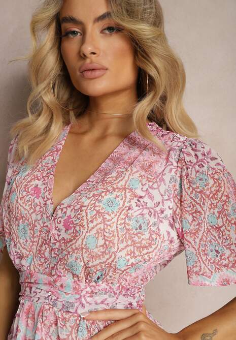 Różowa Sukienka o Rozkloszowanym Kroju z Falbankami i Gumką w Pasie Quireria