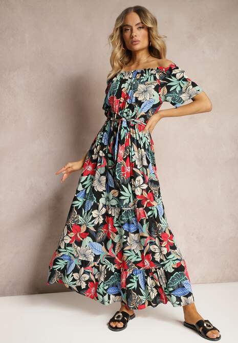 Czarno-Czerwona Wiskozowa Sukienka o Rozkloszowanym Kroju z Paskiem w Talii w Kwiatowy Print Rosubia