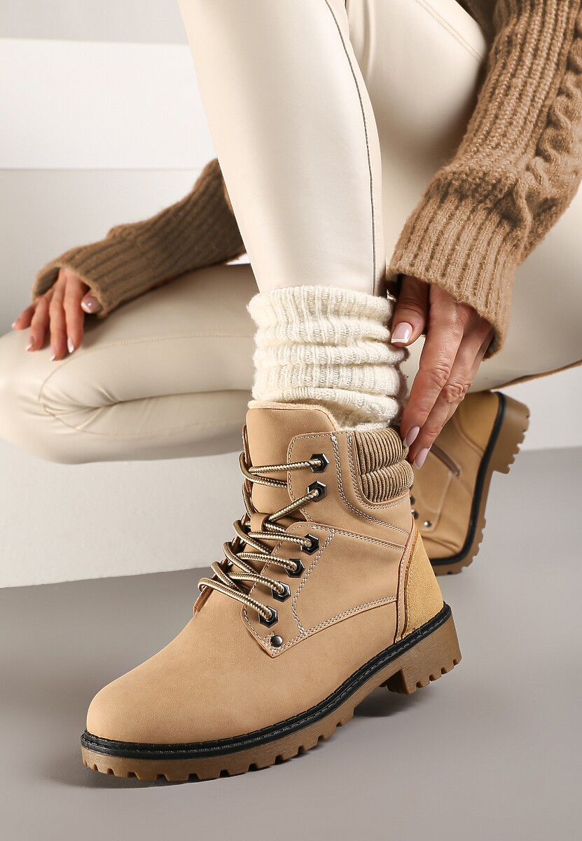 Ciemnobeżowe Sznurowane Casualowe Traperki na Płaskiej Podeszwie Relobia