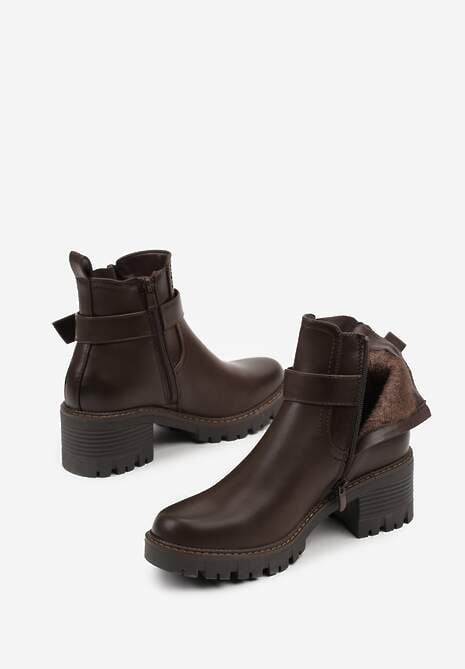 Brązowe Botki w Stylu Sztybletów na Niskim Obcasie z Paskiem ze Sprzączką Lathorie