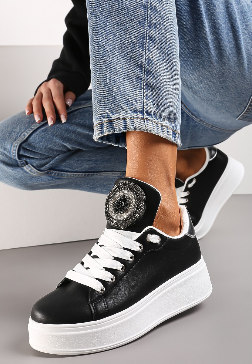 Czarne Sneakersy na Platformie z Cyrkoniami na Szerokim Języku Esirel
