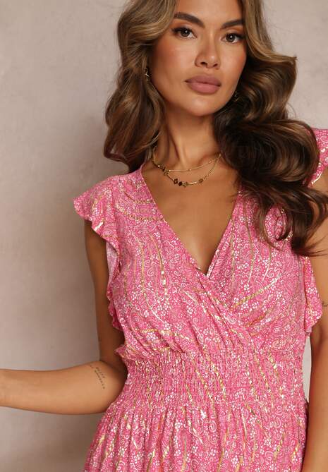 Ciemnoróżowa Sukienka Maxi z Metaliczną Aplikacją Wykonana z Wiskozy Akella