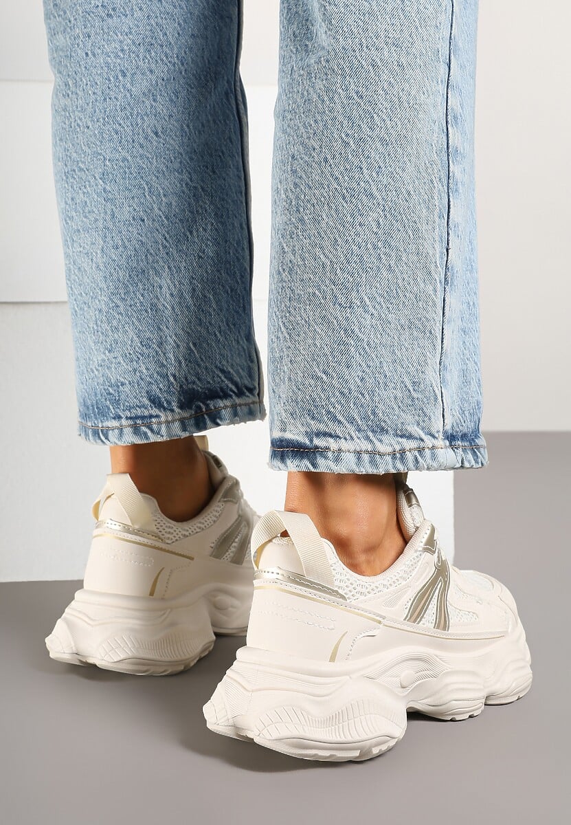 Beżowe Sneakersy na Platformie z Tłoczeniem i Metaliczną  Ozdobą Alarella