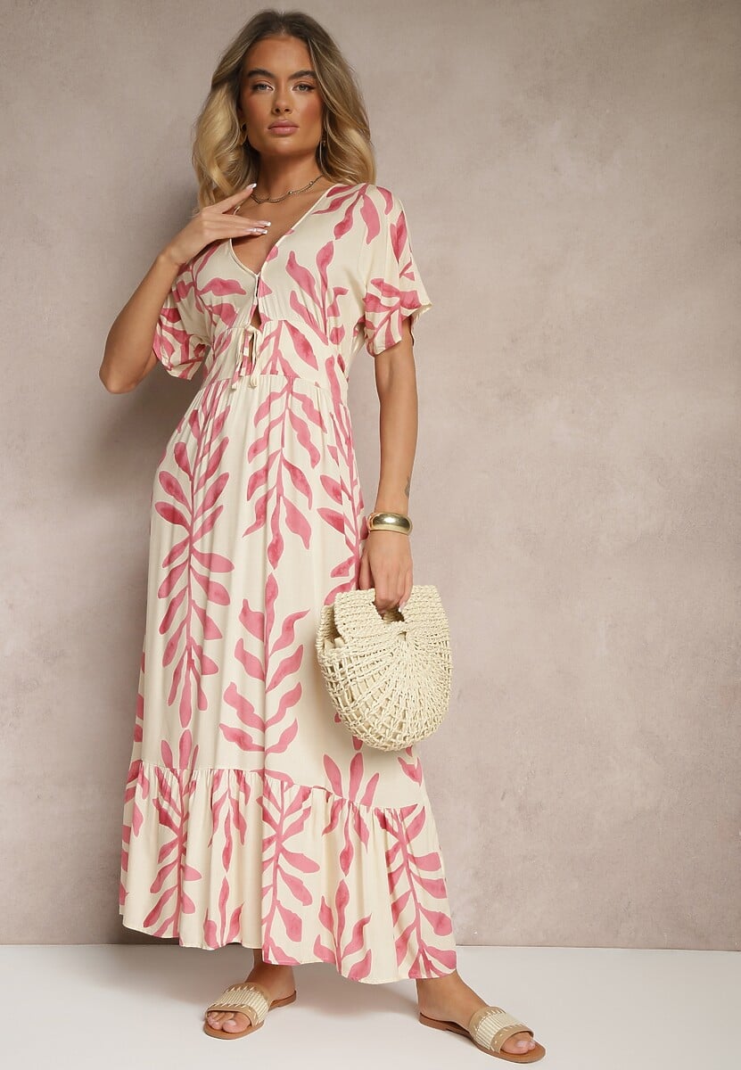 Żółta Wiskozowa Sukienka z Motywem Liści Verilin