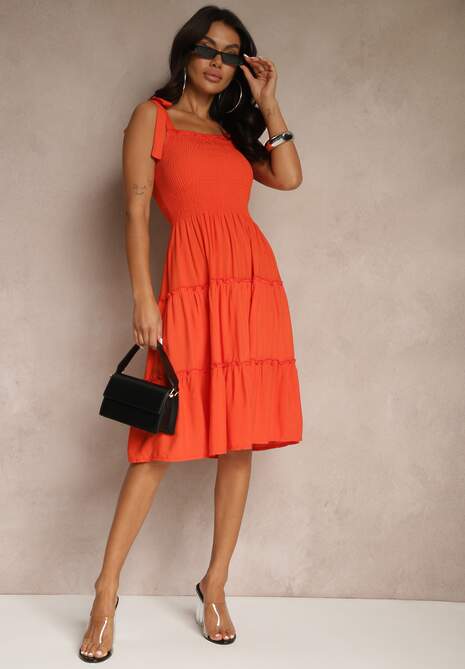 Pomarańczowa Sukienka z Wiskozą o Rozkloszowanym Kroju na Ramiączkach z Wiązaniem Aranive