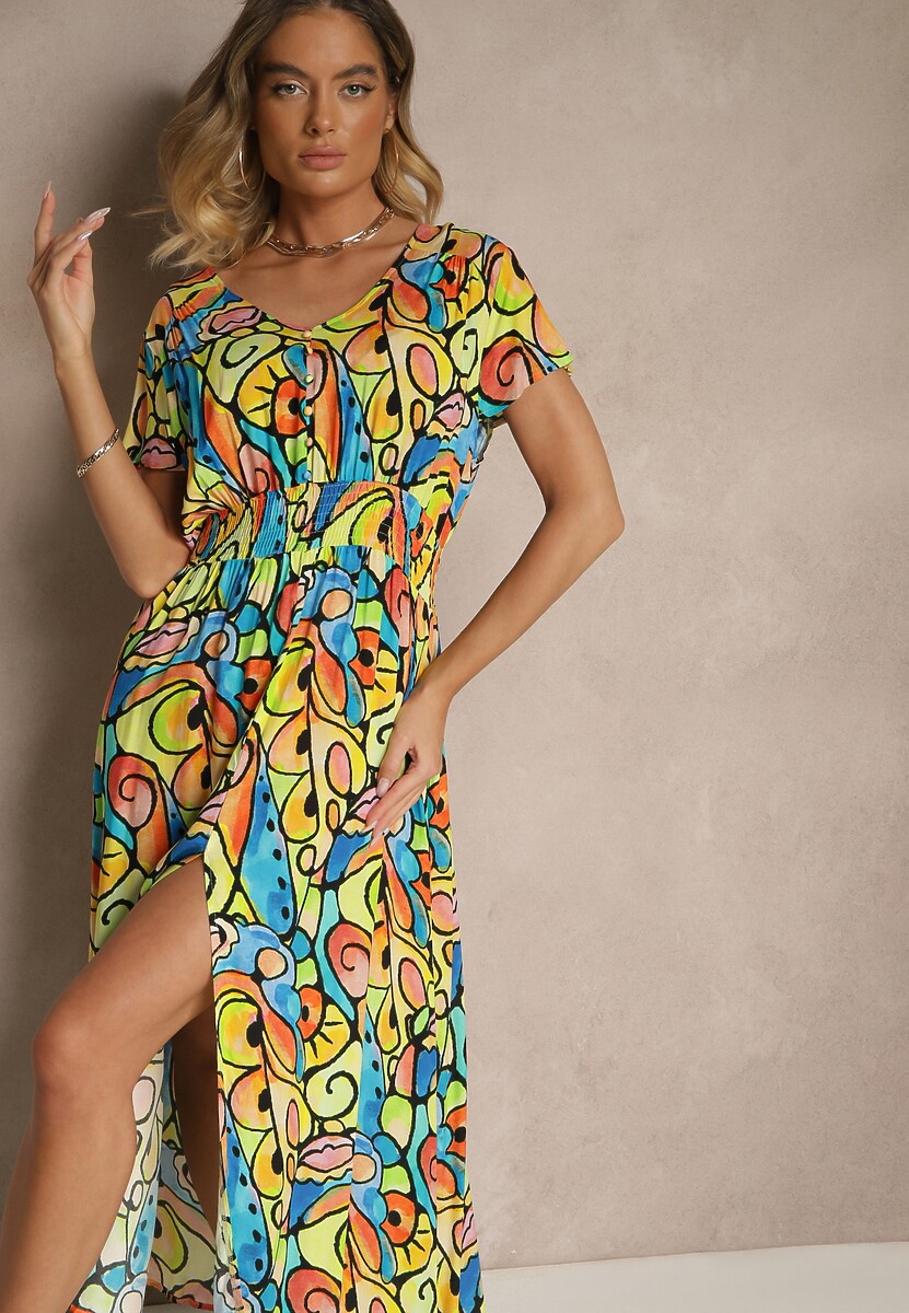 Żółta Sukienka z Bawełny w Abstrakcyjny Wzór Emisienna