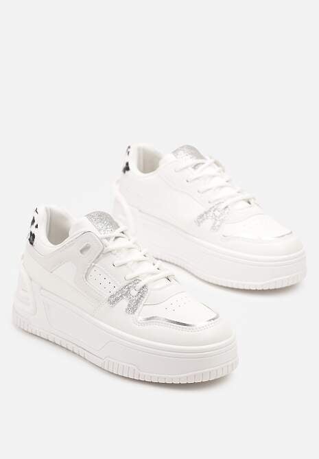 Białe Sneakersy na Tłoczonej Platformie z Geometrycznym Motywem Eloneo