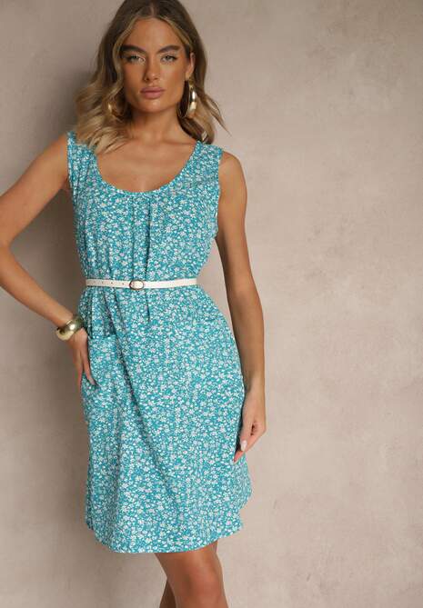 Niebieska Rozkloszowana Sukienka na Szerokich Ramiączkach w Kwiatowy Wzór Folivena