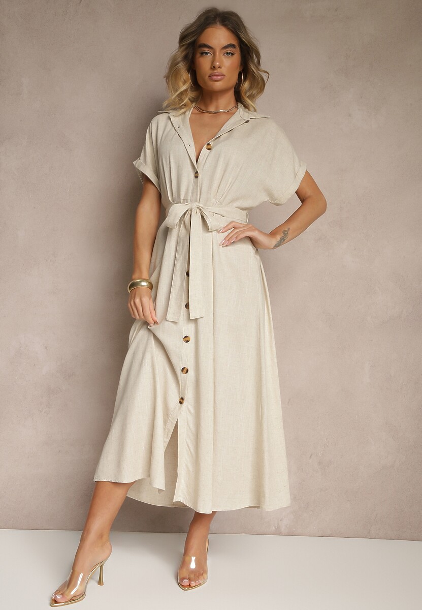 Niebieska Sukienka Koszulowa z Wiskozą i Lnem Ozdobiona Paskiem Lunie