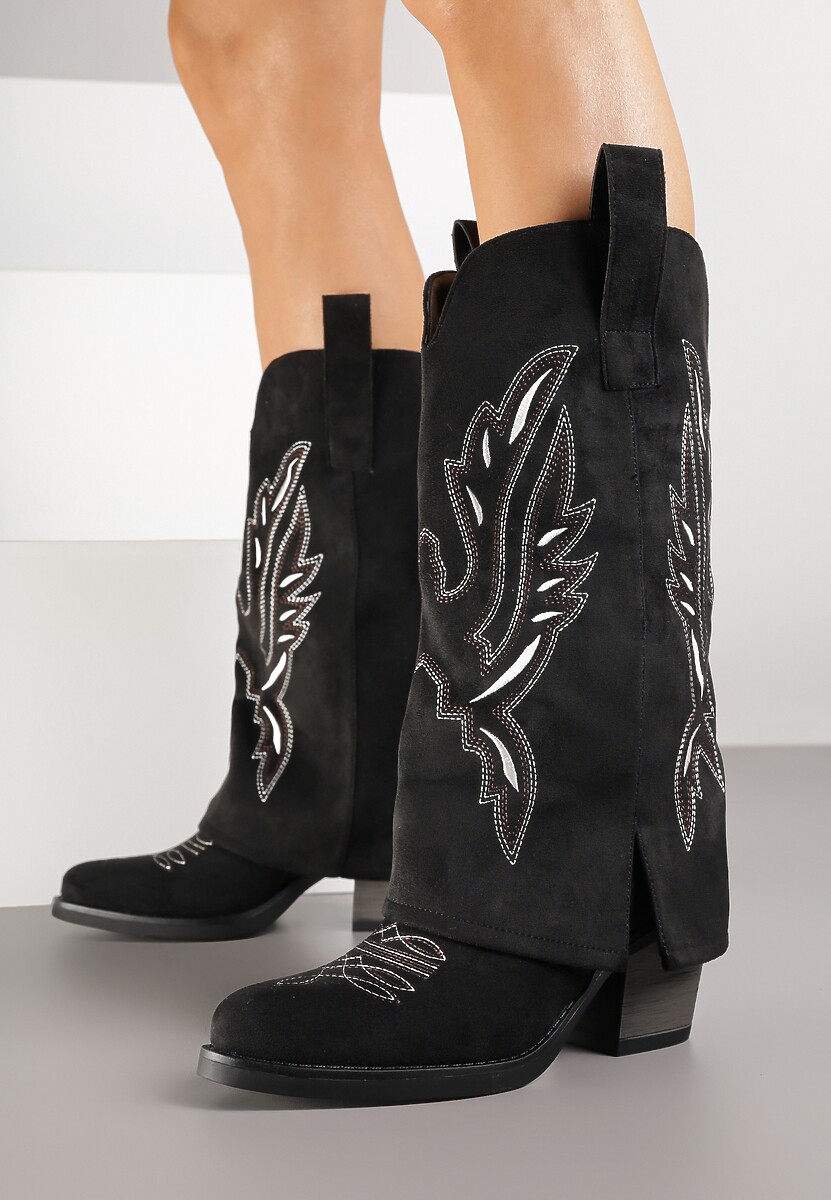 Czarne Kozaki w Stylu Kowbojek na Słupku z Haftem i Wywiniętą Cholewką Emmiste