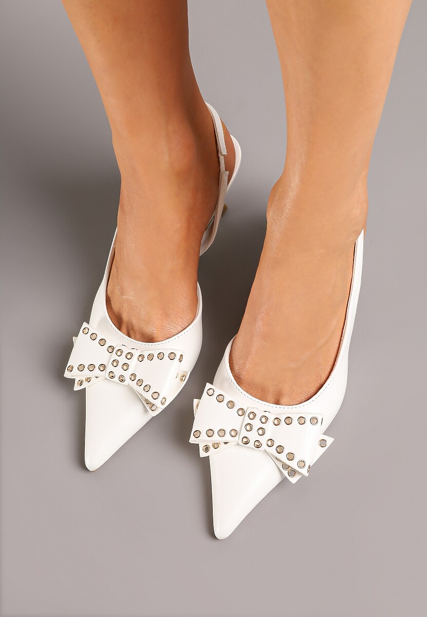 Białe Czółenka Sandały Vices na Kaczuszce Slingback z Kokardą i Nitami Fennadia