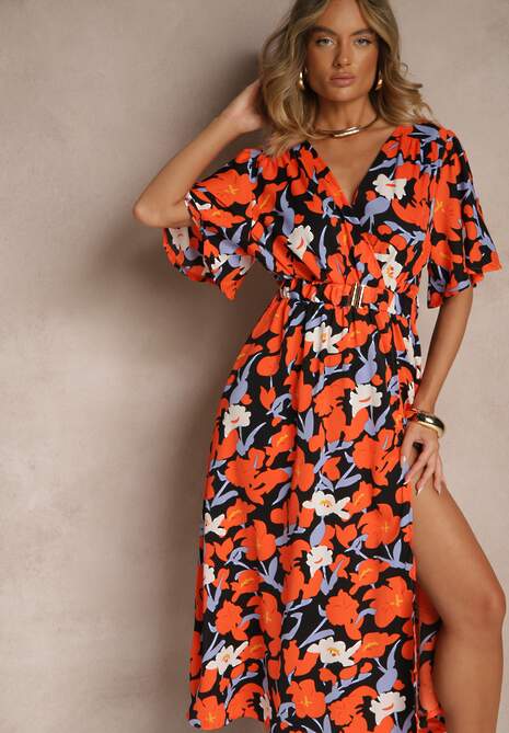 Pomarańczowa Kwiatowa Sukienka z Bawełną Ozdobiona Bufiastymi Rękawami Lunelira