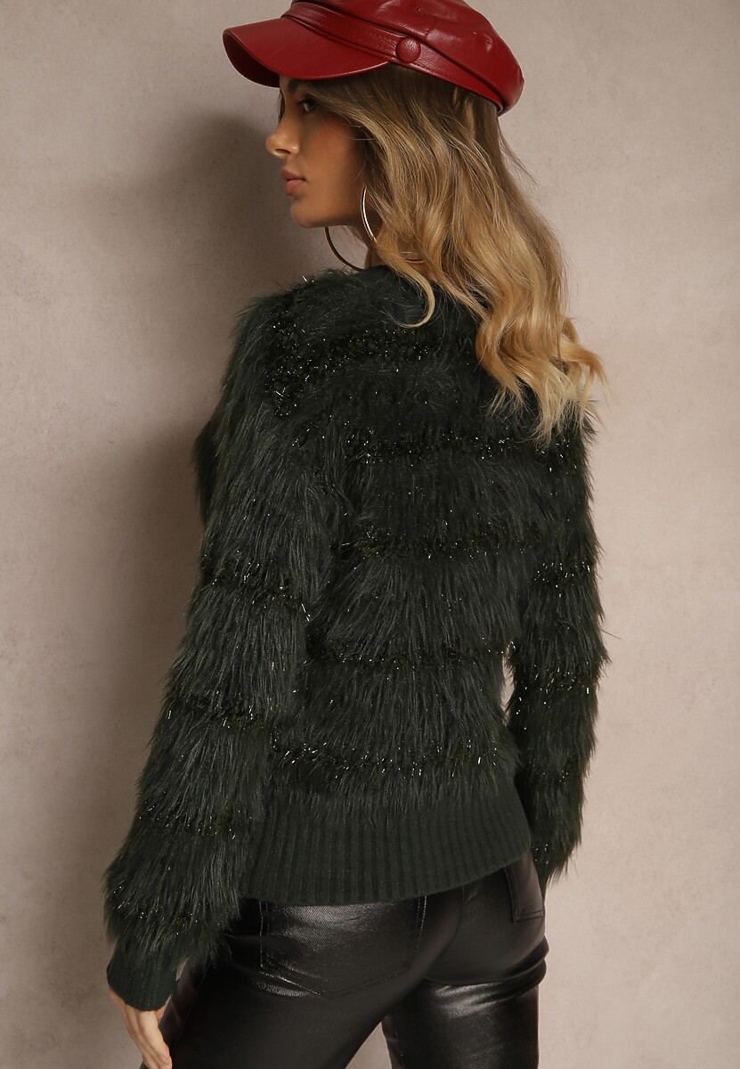 Ciemnozielony Sweter z Wełną Ozdobiony Ściągaczami i Długim Włosiem Sialora