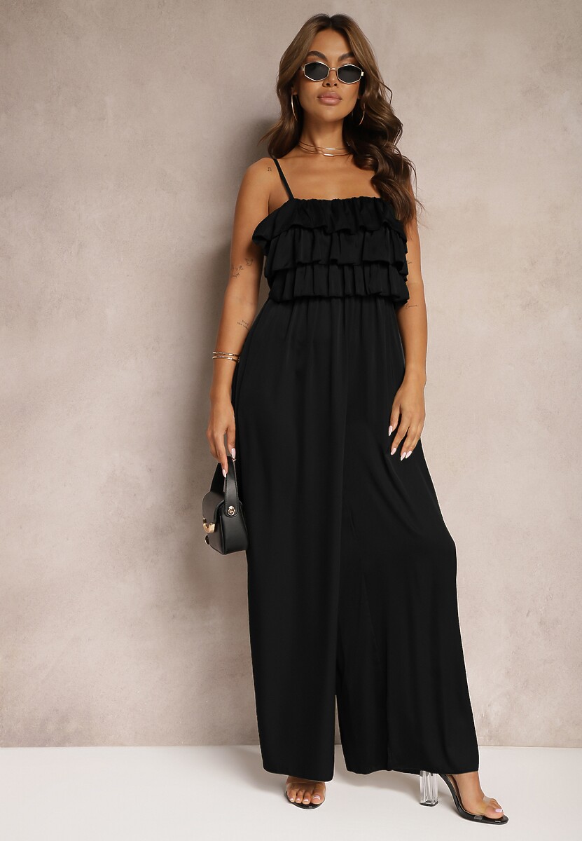 Czarny Koktajlowy Kombinezon na Ramiączkach z Regulacją i Gumką w Talii Uesvia