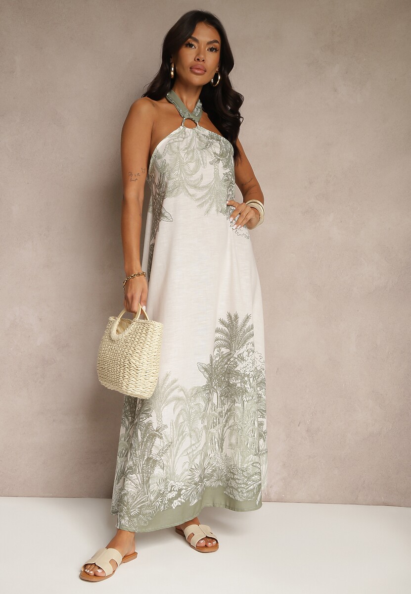 Żółta Sukienka z Wiskozą Ozdobiona Wiązaniem i Wzorem Palm Folenella