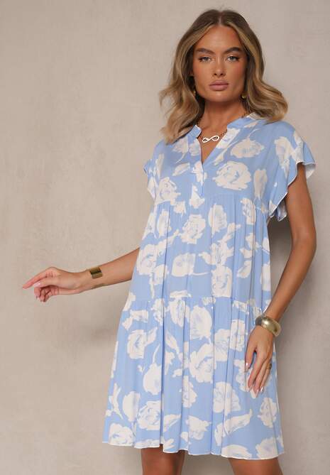 Jasnoniebieska Sukienka z Bawełny Ozdobiona Kwiatami Liranea