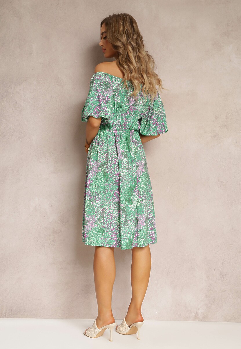 Zielona Sukienka Midi Hiszpanka w Gumką w Pasie z Wiskozy Slaniesa